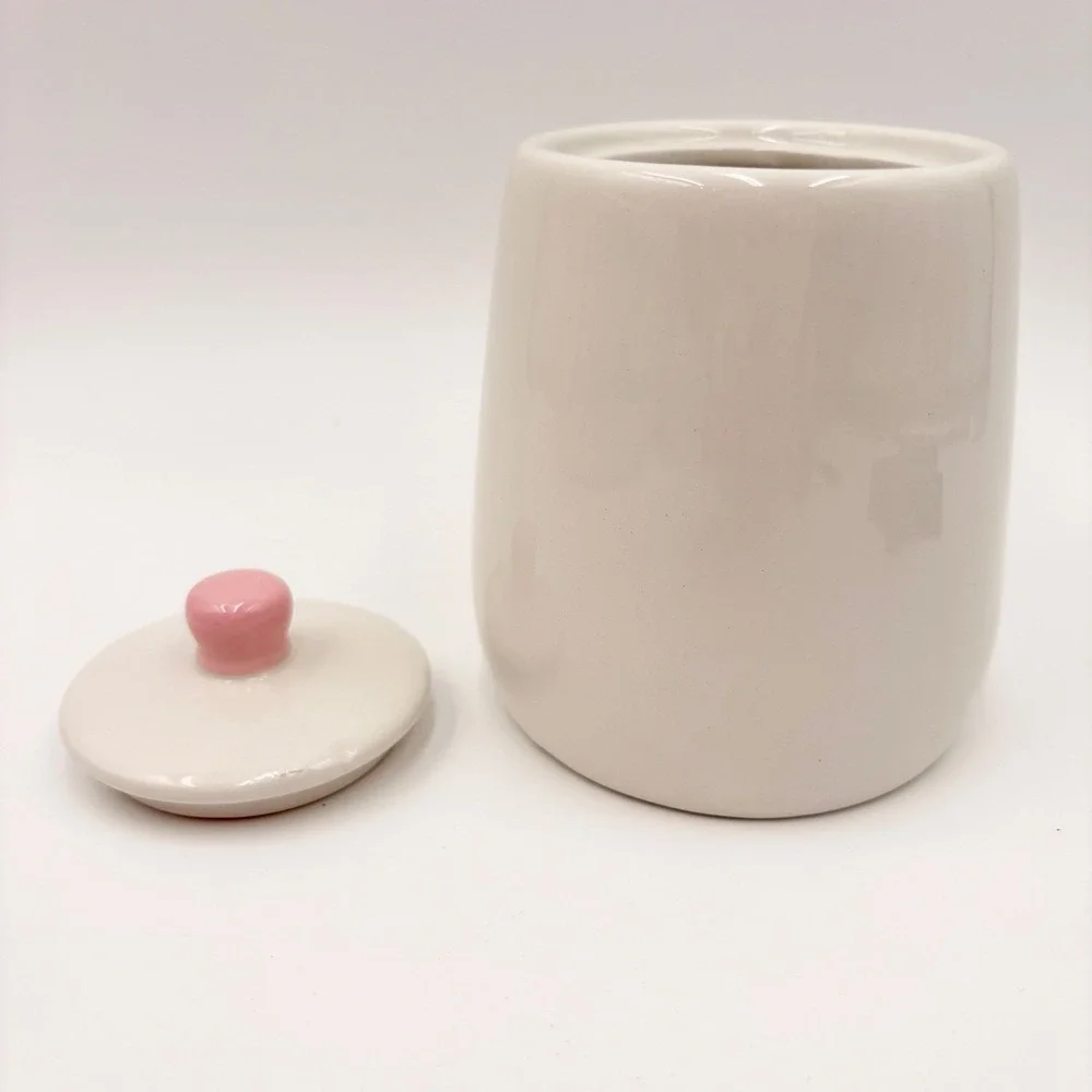 White Ceramic Bow Canister Pink Embossed Ribbon Lid Jar Coquette‎ Decor